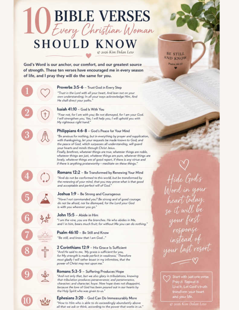 10 Bible verses every Christian woman should know, featured in a feminine Scripture guide inspired by the Living God's Way Podcast with Kim Dolan Leto.