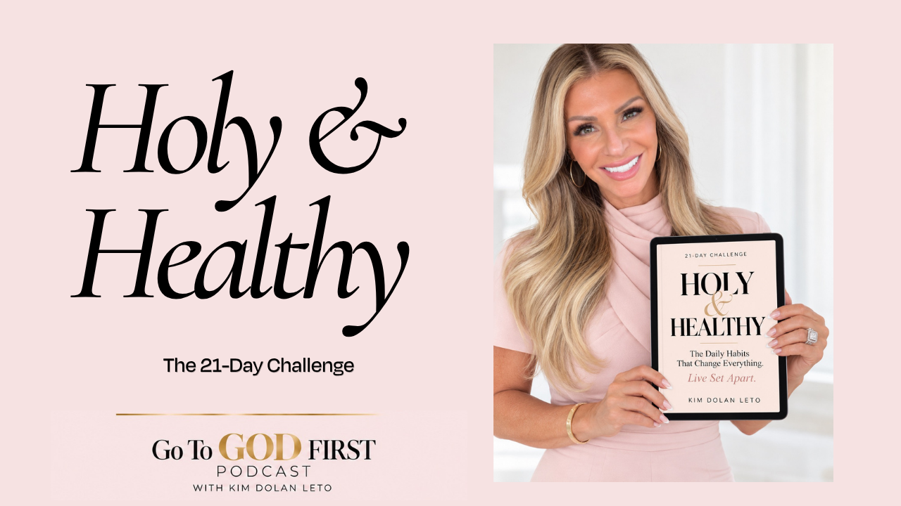 Kim Dolan Leto holding her Holy & Healthy: The 21-Day Challenge devotional cover, promoting Christian living, biblical habits, and putting God first.
